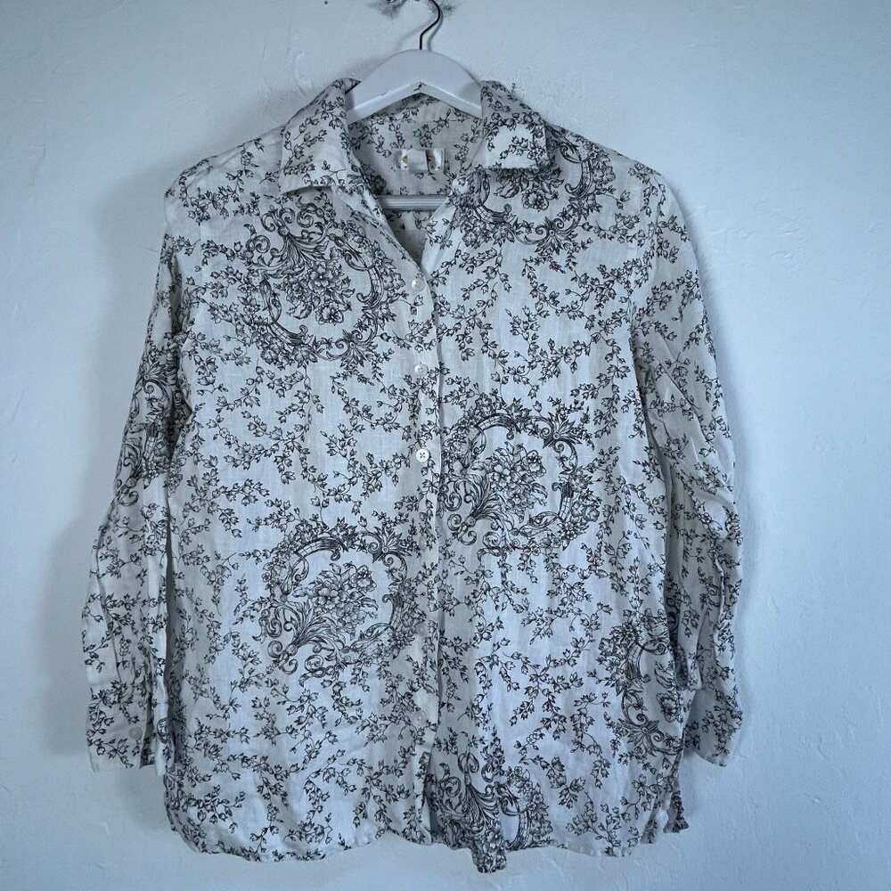 Talbots Womens Petite Floral Button-Up Linen Shirt Size 10P Black/White Casual